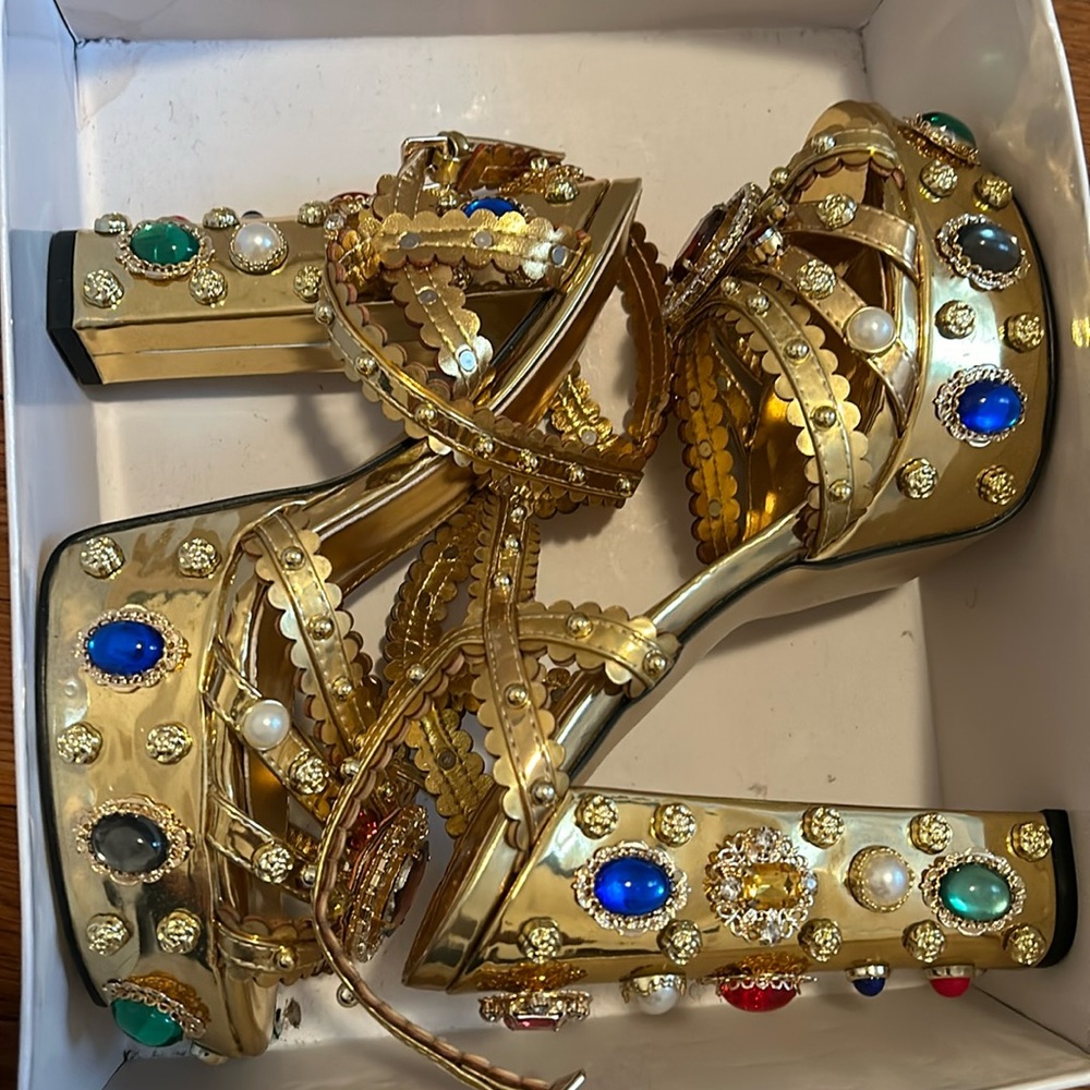 Brand New Never Worn Bejeweled Gold Platform Heels. Purchased at showroom